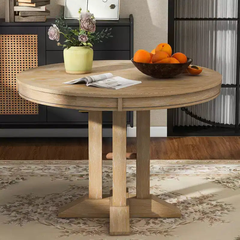 Table à manger à rallonge en bois de style rustique sur pied central, avec rallonge de 35,5 cm