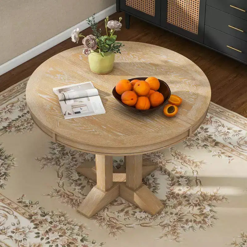 Table à manger à rallonge en bois de style rustique sur pied central, avec rallonge de 35,5 cm