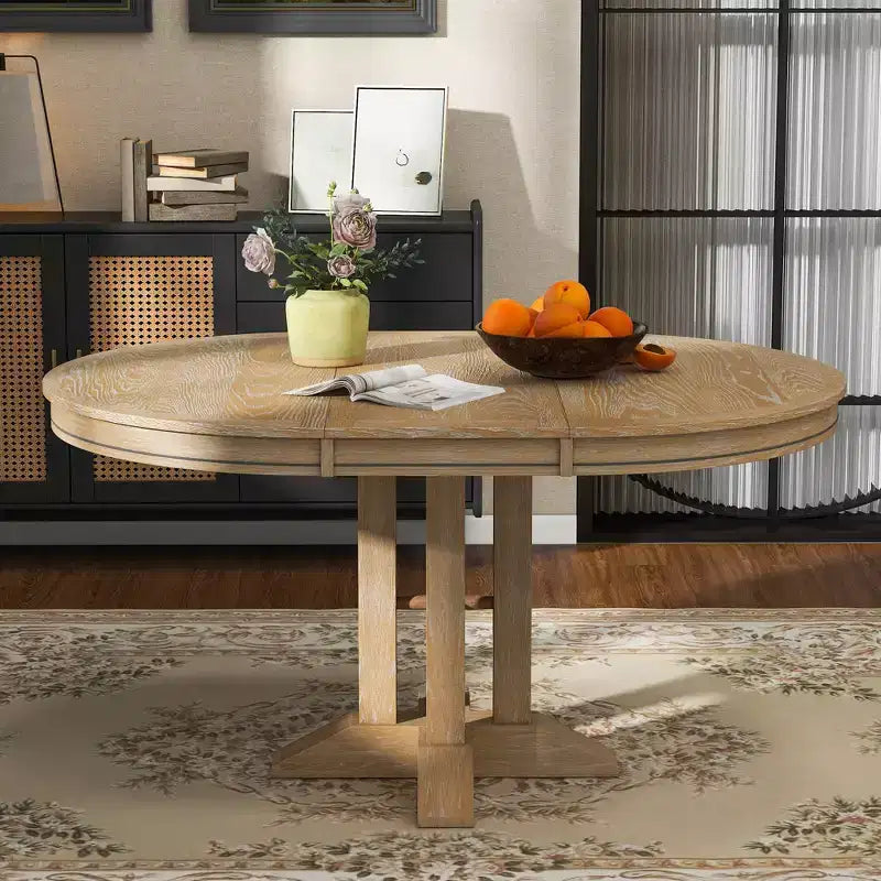 Table à manger à rallonge en bois de style rustique sur pied central, avec rallonge de 35,5 cm