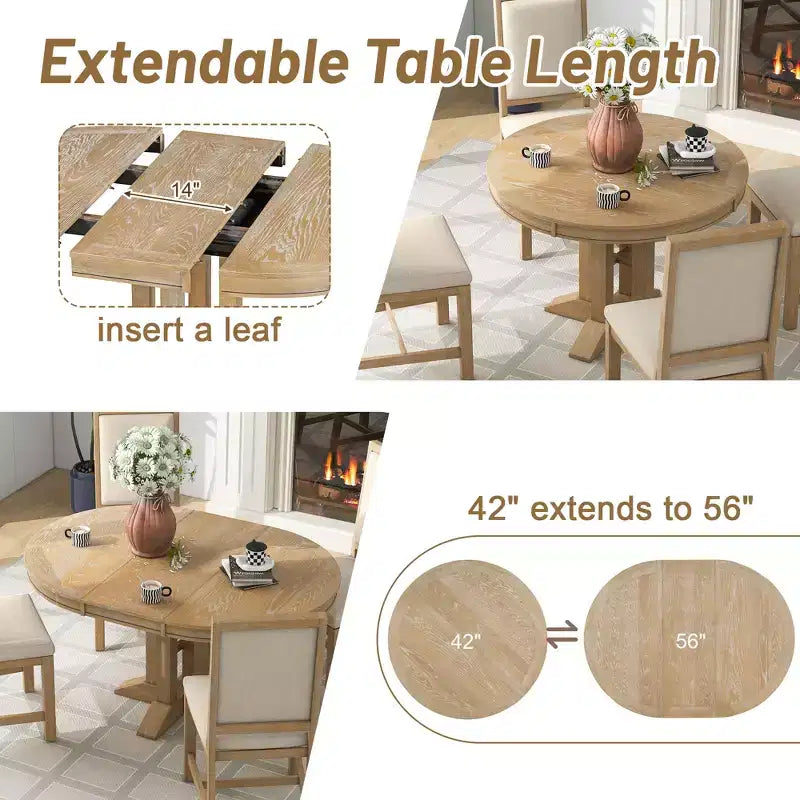 Table à manger à rallonge en bois de style rustique sur pied central, avec rallonge de 35,5 cm