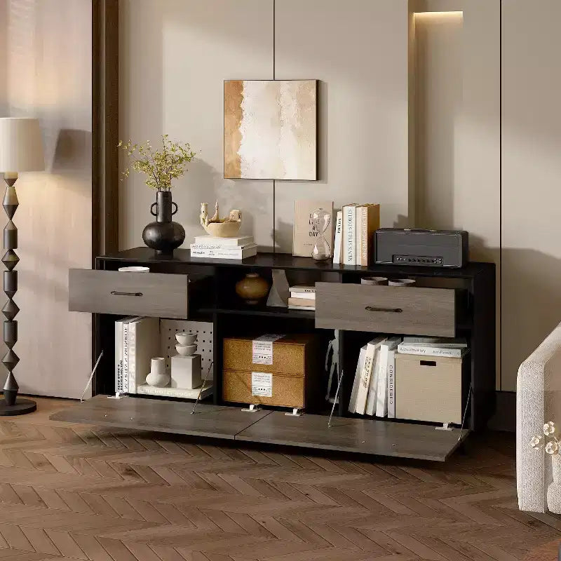 Meuble TV 2 portes avec porte abattante, gris, style moderne