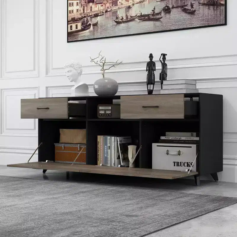Meuble TV 2 portes avec porte abattante, gris, style moderne