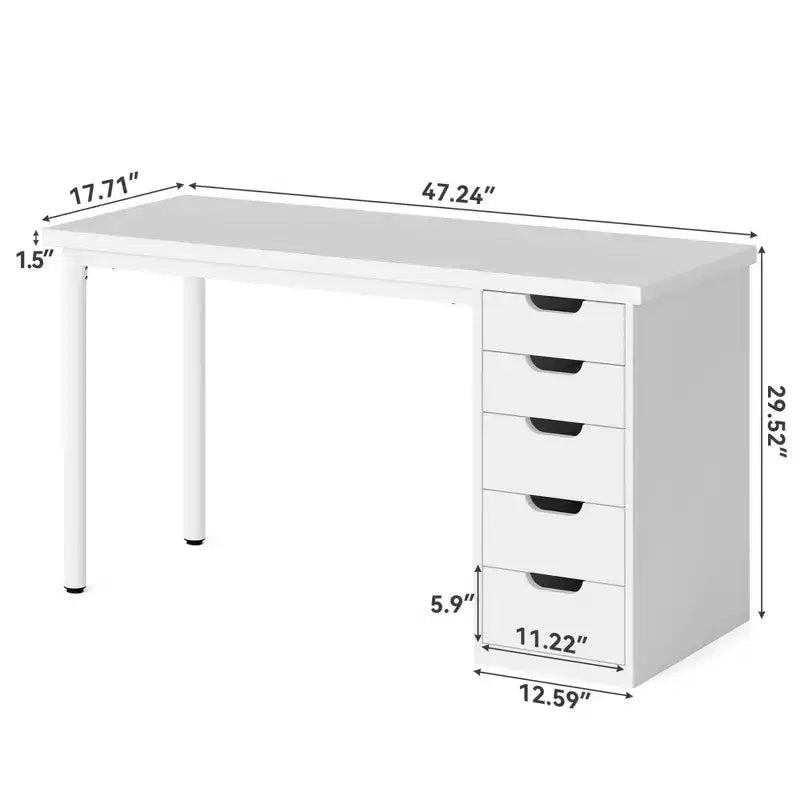 Bureau d'ordinateur 47" avec 5 tiroirs, Blanc