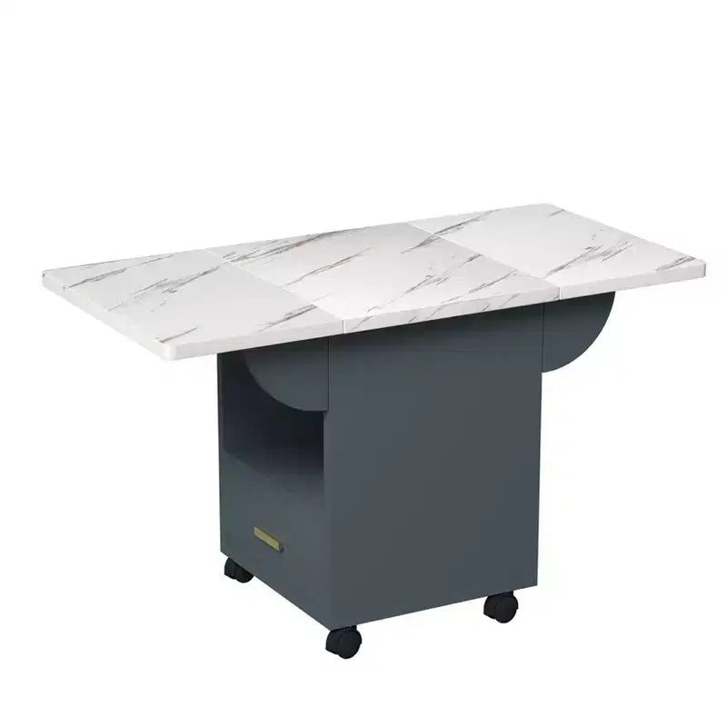 Table îlot de cuisine pliante, texture marbre, avec roulettes, tiroir de rangement et étagère