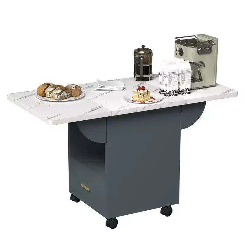 Table îlot de cuisine pliante, texture marbre, avec roulettes, tiroir de rangement et étagère