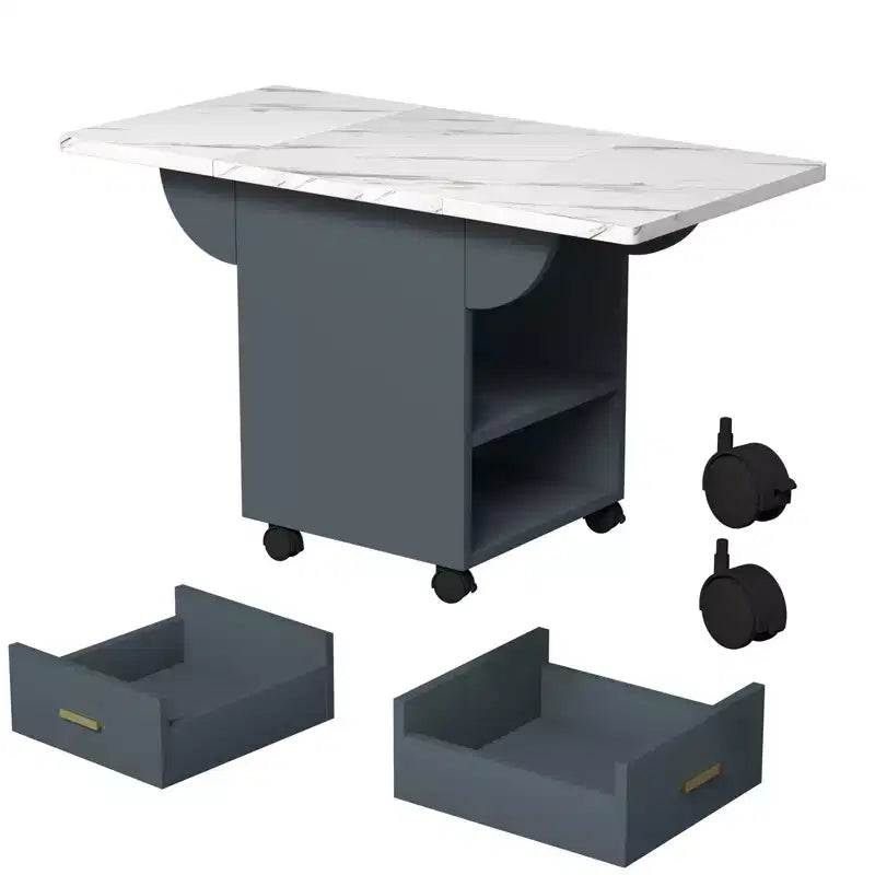 Table îlot de cuisine pliante, texture marbre, avec roulettes, tiroir de rangement et étagère