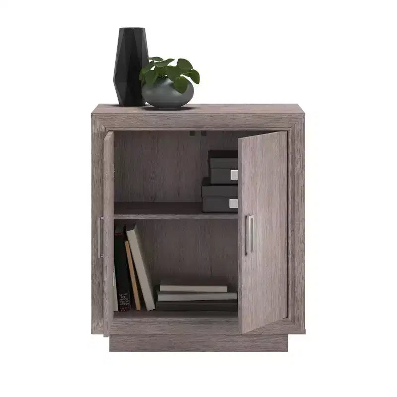 Meuble bas de bureau 2 portes avec étagère réglable, chêne cendre