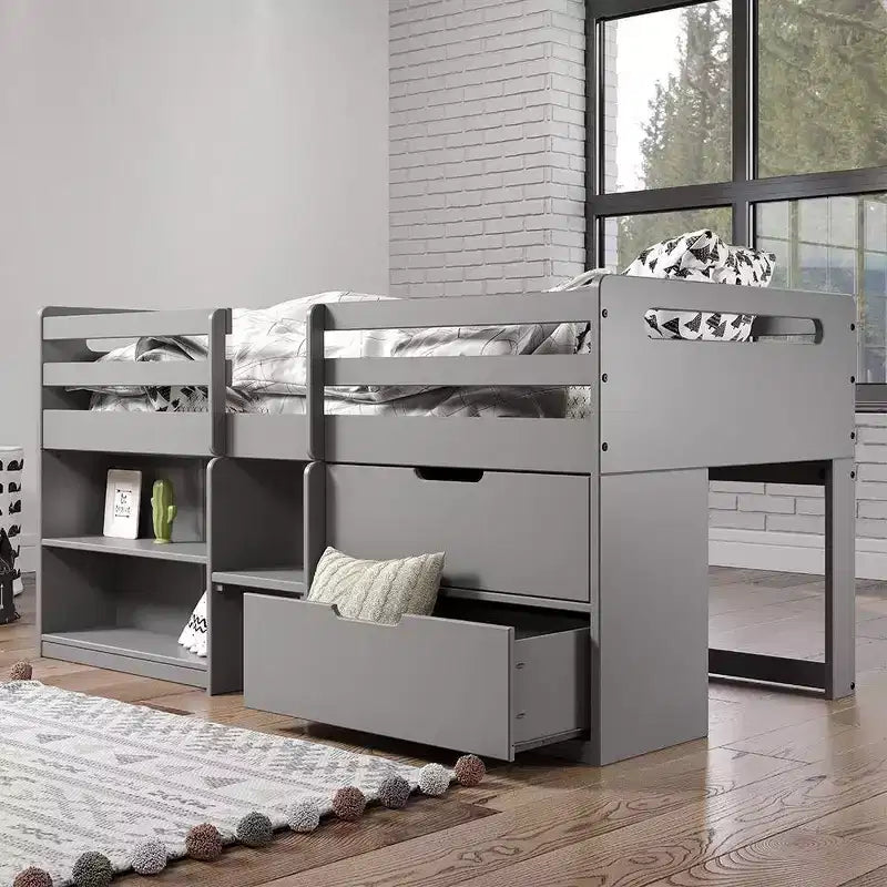 Lit double mezzanine de 77" avec tiroir sous le lit, finition grise