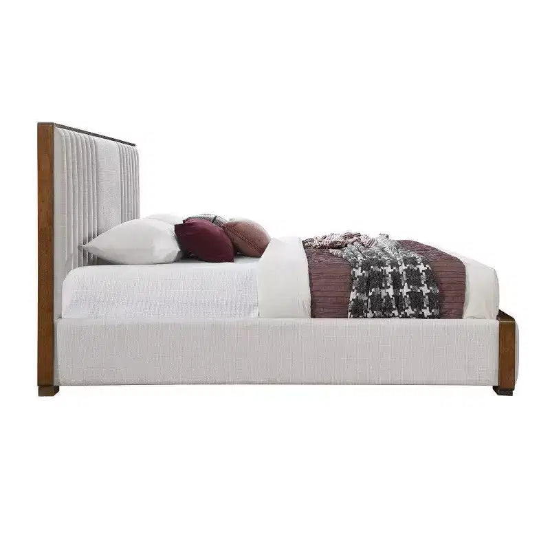 Lit plateforme California King 87,4", Chenille gris clair, Fini noyer