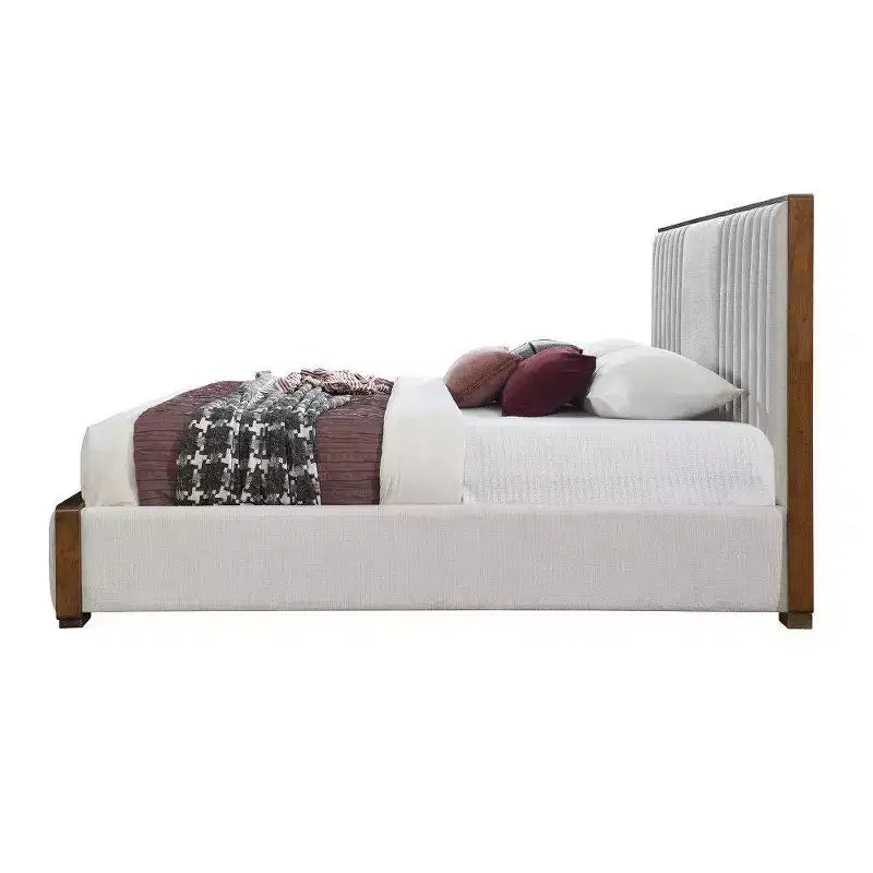 Lit plateforme California King 87,4", Chenille gris clair, Fini noyer