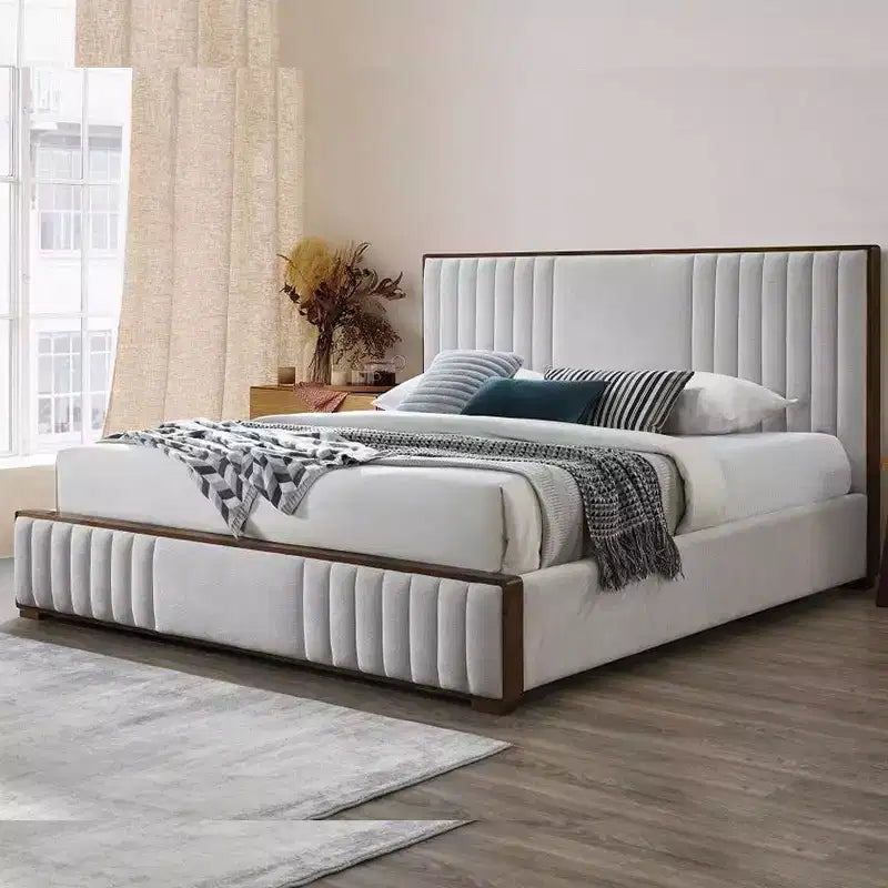 Lit plateforme California King 87,4", Chenille gris clair, Fini noyer