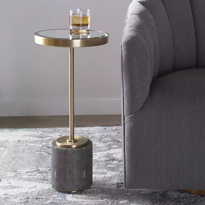 Table d'appoint ronde moderne en laiton brossé, 29,8 cm de large, plateau miroir doré
