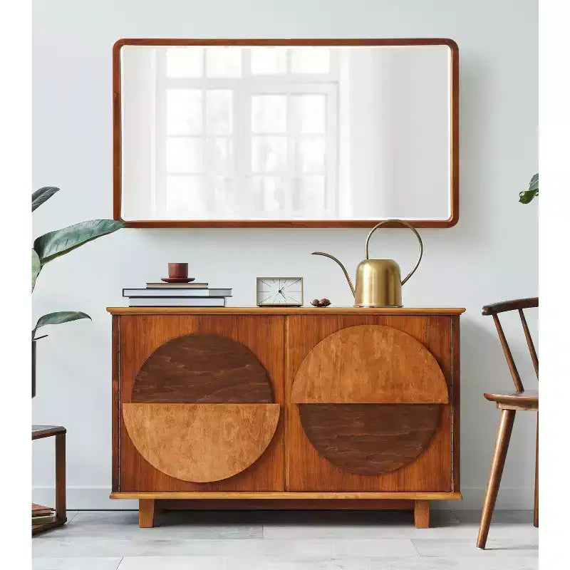 Miroir mural rectangulaire en bois à bords arrondis, finition naturelle Mid-Century