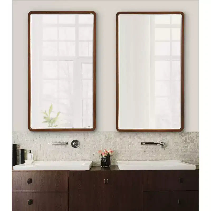 Miroir mural rectangulaire en bois à bords arrondis, finition naturelle Mid-Century