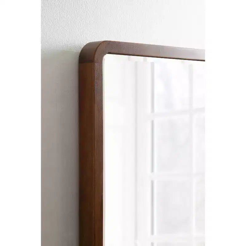 Miroir mural rectangulaire en bois à bords arrondis, finition naturelle Mid-Century