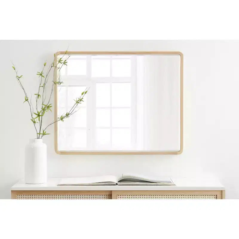 Miroir mural rectangulaire en bois à bords arrondis, finition naturelle Mid-Century