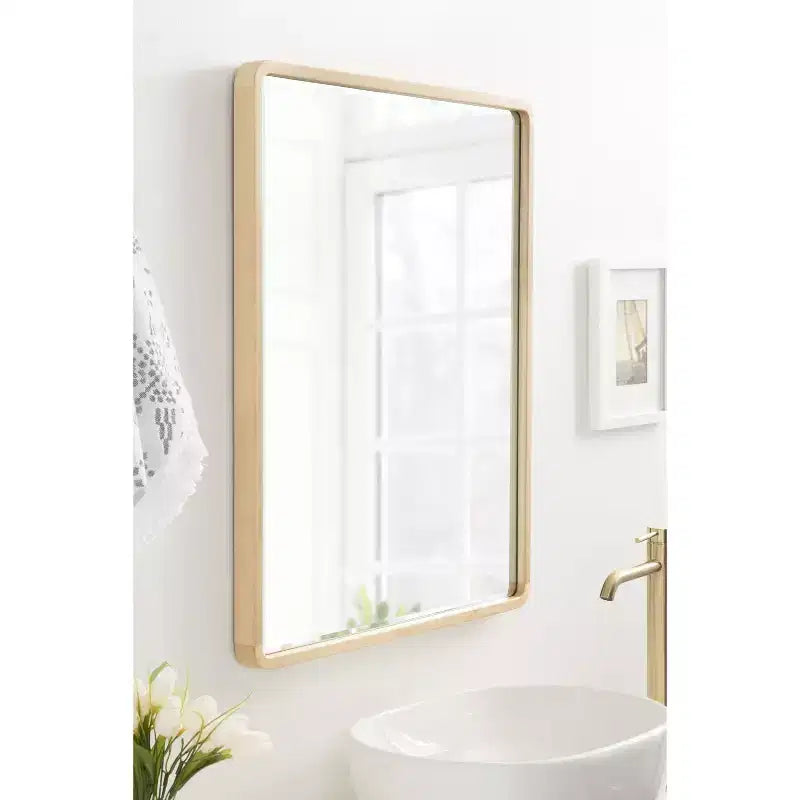 Miroir mural rectangulaire en bois à bords arrondis, finition naturelle Mid-Century