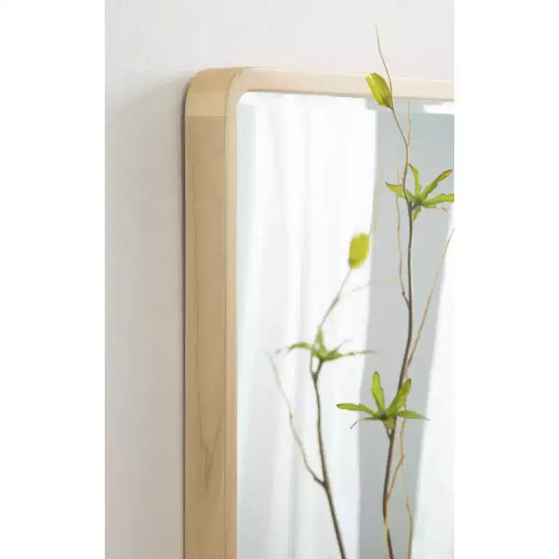 Miroir mural rectangulaire en bois à bords arrondis, finition naturelle Mid-Century