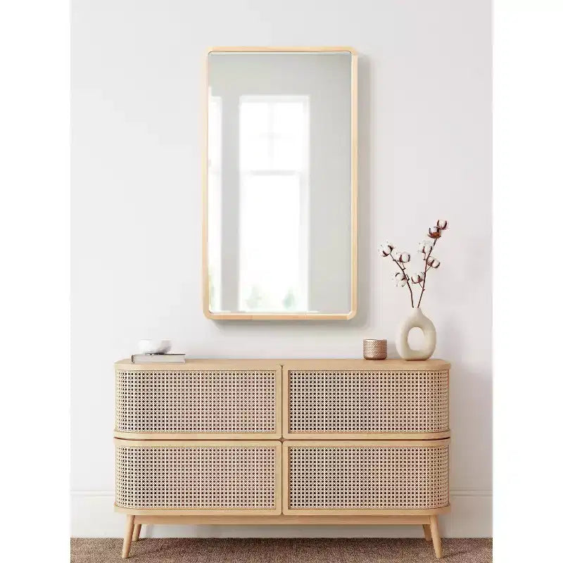 Miroir mural rectangulaire en bois à bords arrondis, finition naturelle Mid-Century
