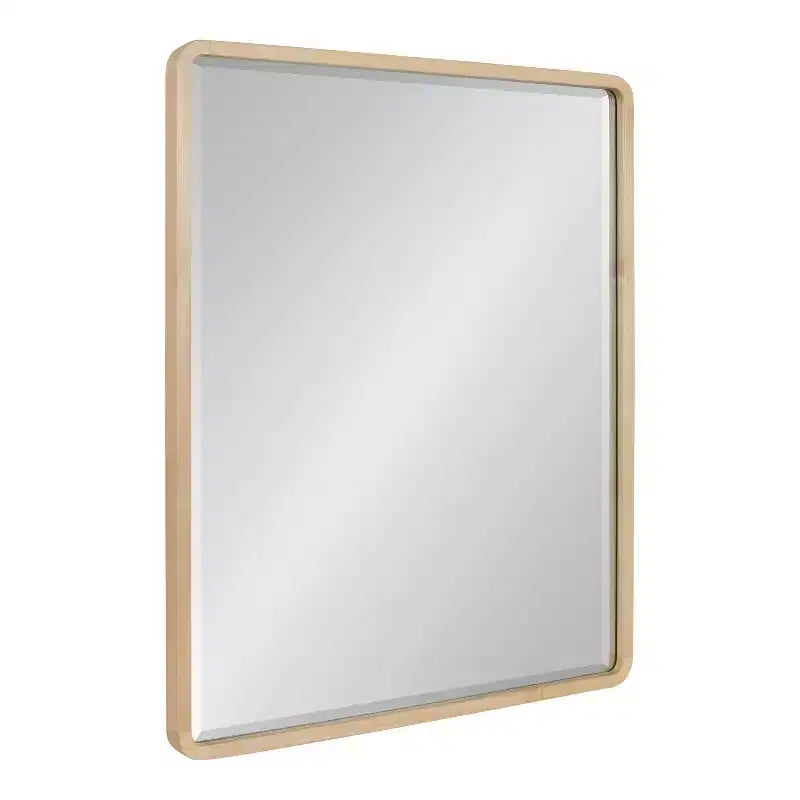 Miroir mural rectangulaire en bois à bords arrondis, finition naturelle Mid-Century