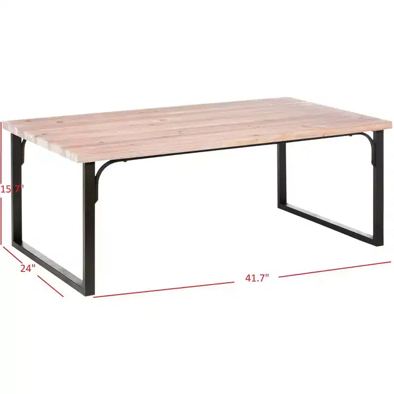 Table basse rectangulaire, marron, en bois de sapin et cadre en fer