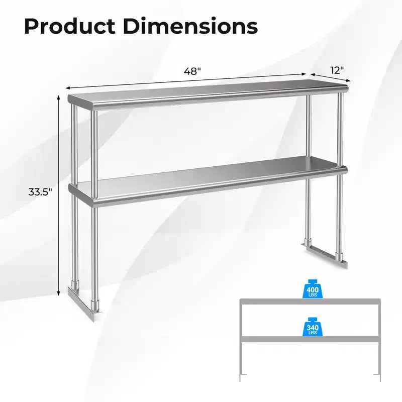 Table de travail en acier inoxydable avec étagères supérieures, 122 x 61 cm