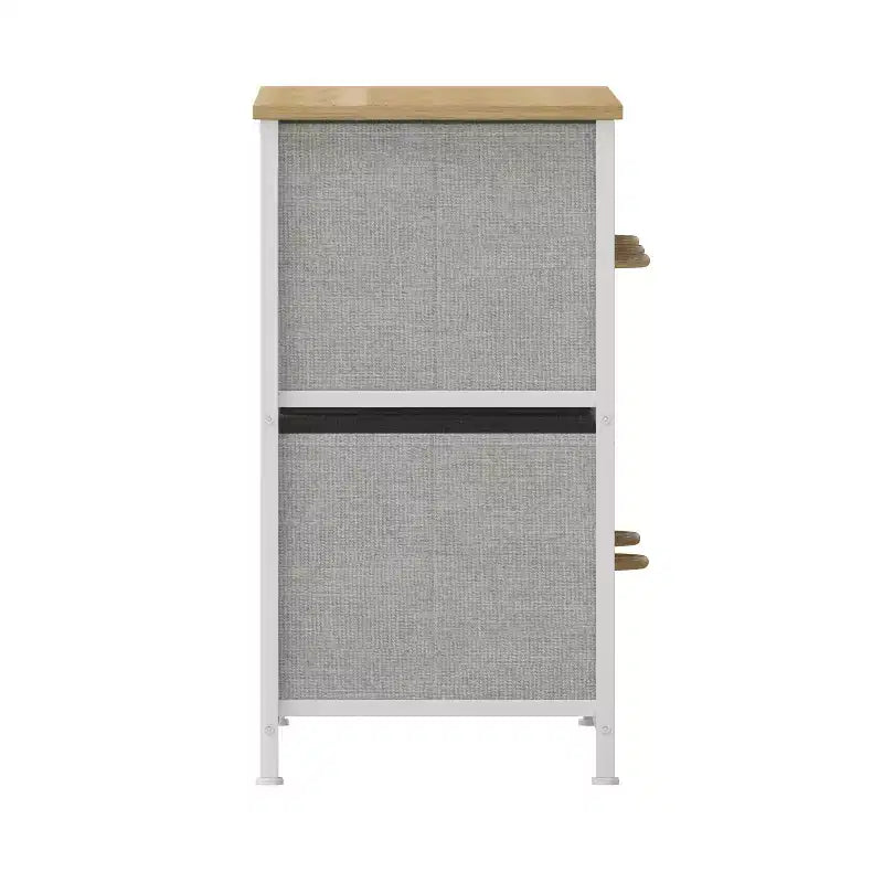 Commode de rangement à 5 tiroirs avec cadre en fonte, plateau en bois et tiroirs en tissu