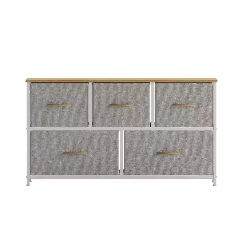 Commode de rangement à 5 tiroirs avec cadre en fonte, plateau en bois et tiroirs en tissu