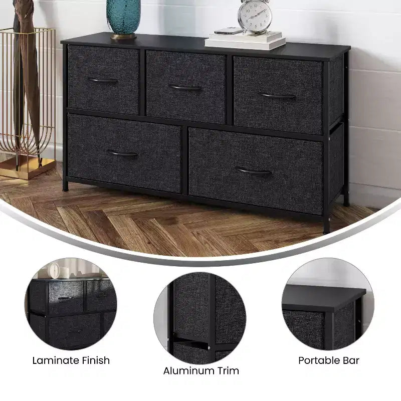 Commode de rangement à 5 tiroirs avec cadre en fonte, plateau en bois et tiroirs en tissu