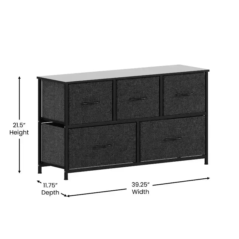 Commode de rangement à 5 tiroirs avec cadre en fonte, plateau en bois et tiroirs en tissu