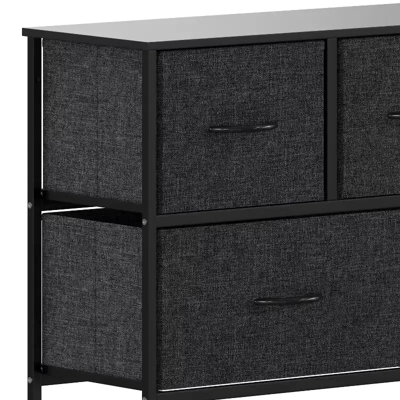 Commode de rangement à 5 tiroirs avec cadre en fonte, plateau en bois et tiroirs en tissu