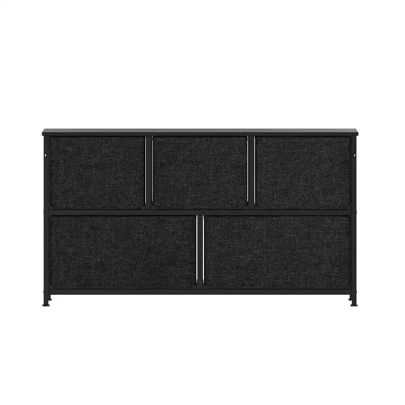 Commode de rangement à 5 tiroirs avec cadre en fonte, plateau en bois et tiroirs en tissu