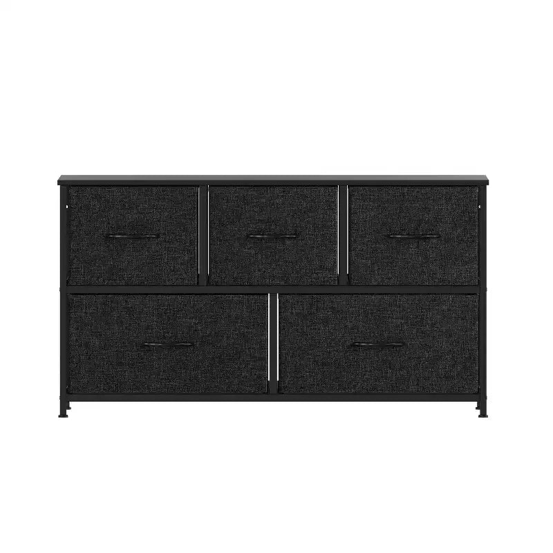 Commode de rangement à 5 tiroirs avec cadre en fonte, plateau en bois et tiroirs en tissu