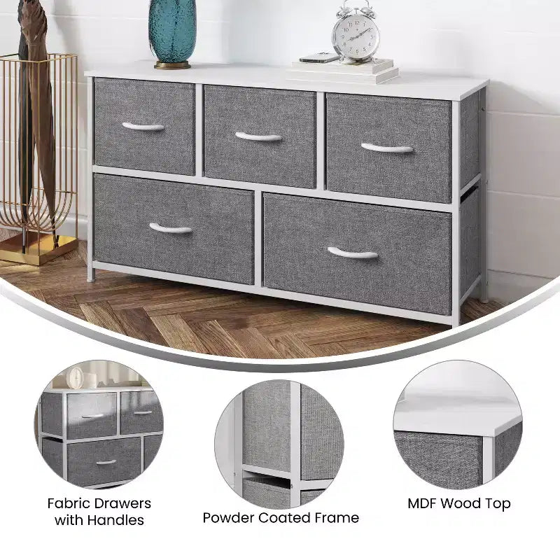 Commode de rangement à 5 tiroirs avec cadre en fonte, plateau en bois et tiroirs en tissu