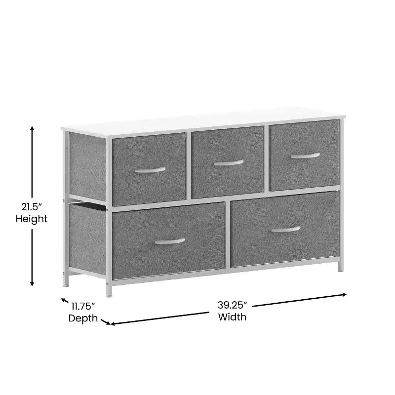 Commode de rangement à 5 tiroirs avec cadre en fonte, plateau en bois et tiroirs en tissu