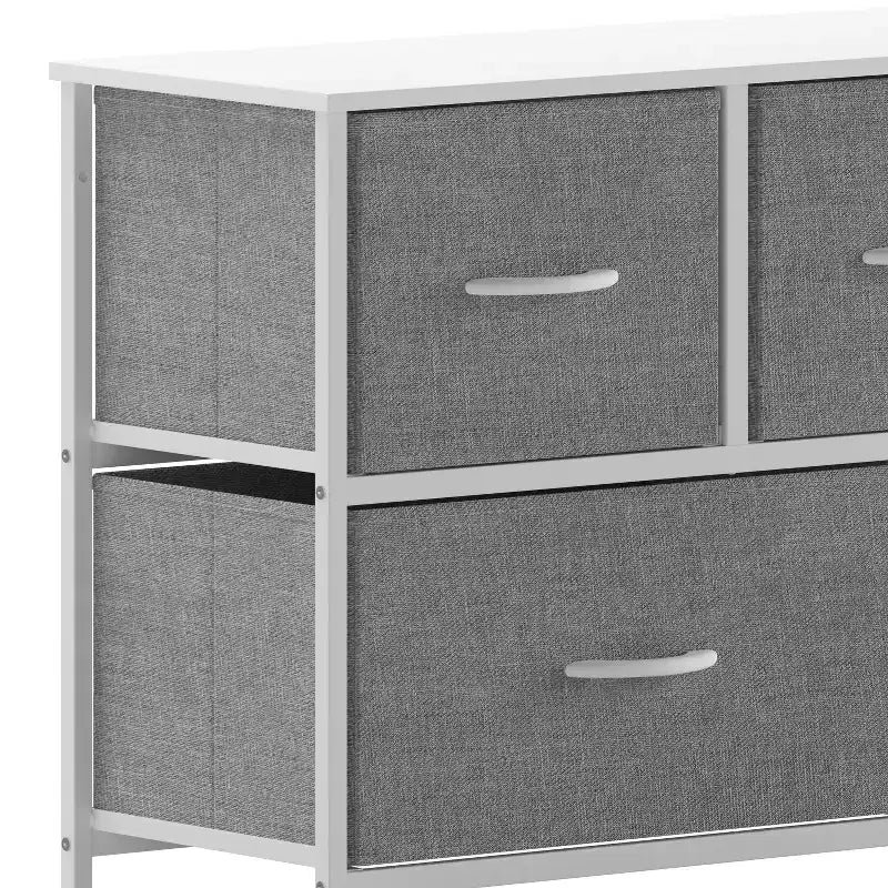 Commode de rangement à 5 tiroirs avec cadre en fonte, plateau en bois et tiroirs en tissu