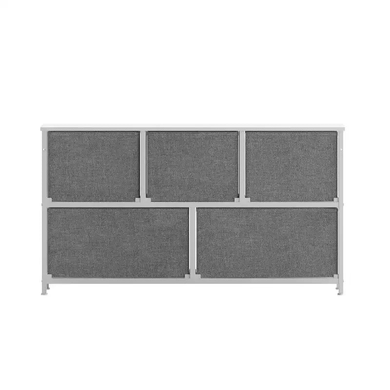 Commode de rangement à 5 tiroirs avec cadre en fonte, plateau en bois et tiroirs en tissu