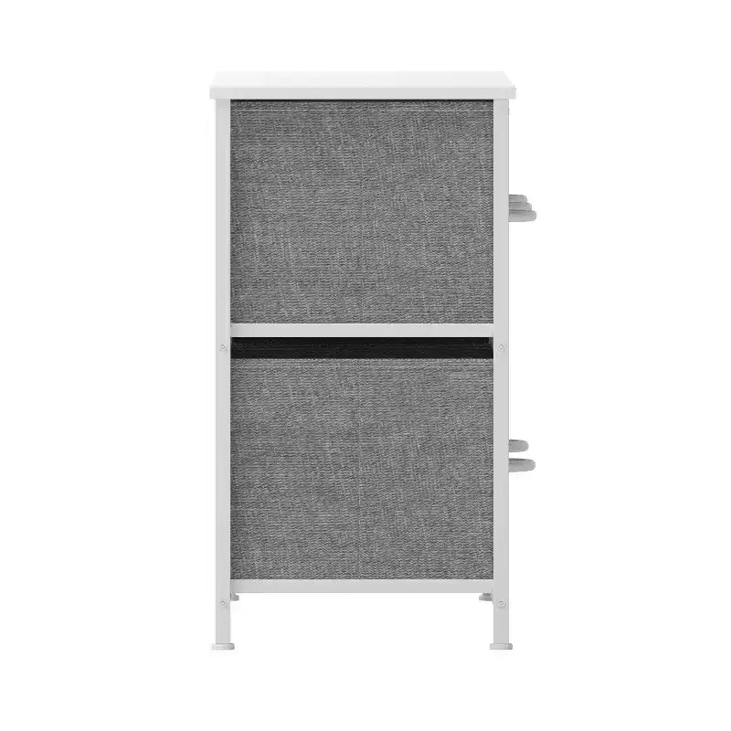 Commode de rangement à 5 tiroirs avec cadre en fonte, plateau en bois et tiroirs en tissu