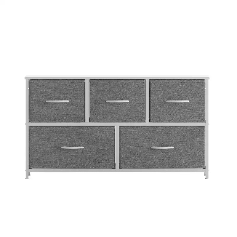 Commode de rangement à 5 tiroirs avec cadre en fonte, plateau en bois et tiroirs en tissu