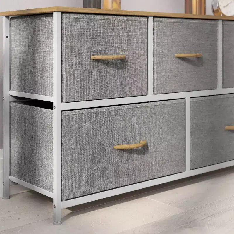 Commode de rangement à 5 tiroirs avec cadre en fonte, plateau en bois et tiroirs en tissu