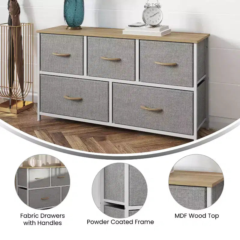 Commode de rangement à 5 tiroirs avec cadre en fonte, plateau en bois et tiroirs en tissu