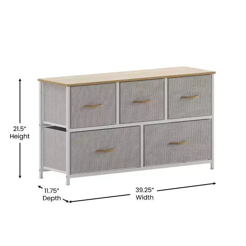 Commode de rangement à 5 tiroirs avec cadre en fonte, plateau en bois et tiroirs en tissu