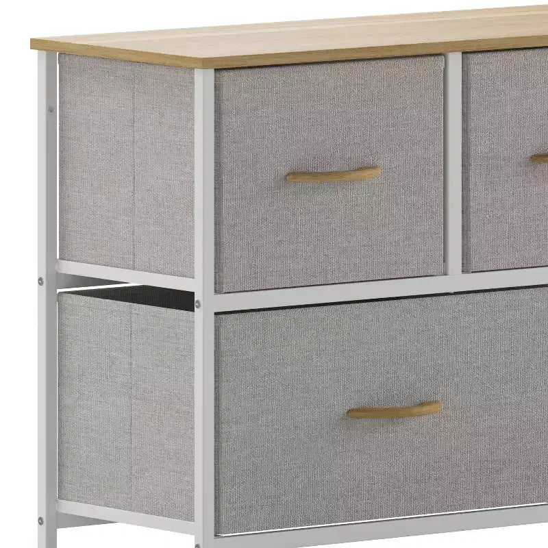 Commode de rangement à 5 tiroirs avec cadre en fonte, plateau en bois et tiroirs en tissu