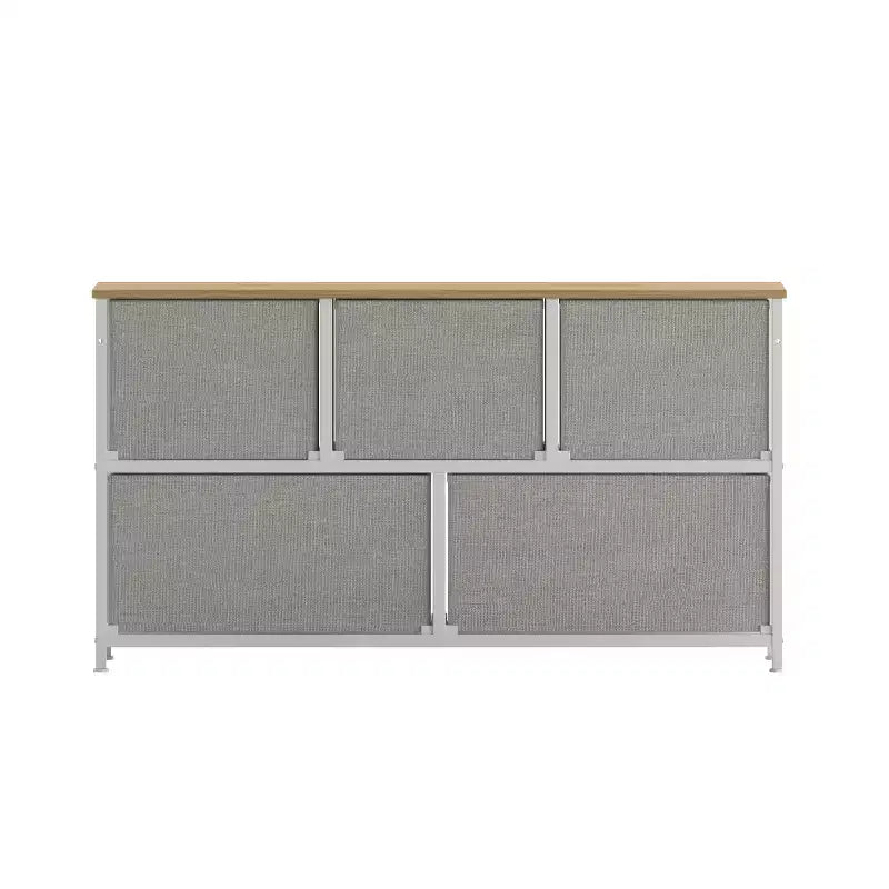 Commode de rangement à 5 tiroirs avec cadre en fonte, plateau en bois et tiroirs en tissu