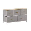 Commode de rangement à 5 tiroirs avec cadre en fonte, plateau en bois et tiroirs en tissu
