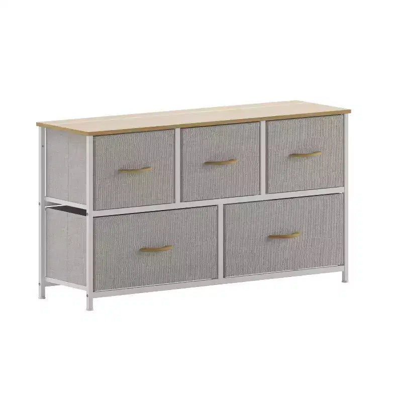 Commode de rangement à 5 tiroirs avec cadre en fonte, plateau en bois et tiroirs en tissu