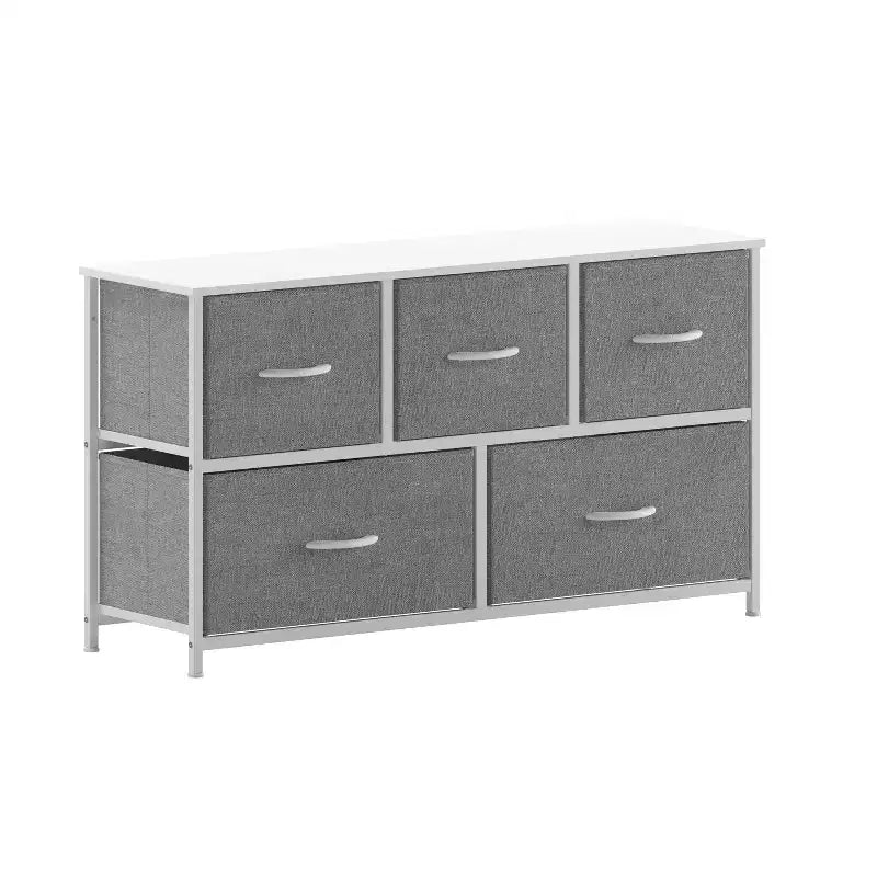 Commode de rangement à 5 tiroirs avec cadre en fonte, plateau en bois et tiroirs en tissu