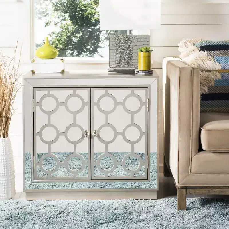 Commode 2 tiroirs, finition champagne et miroir