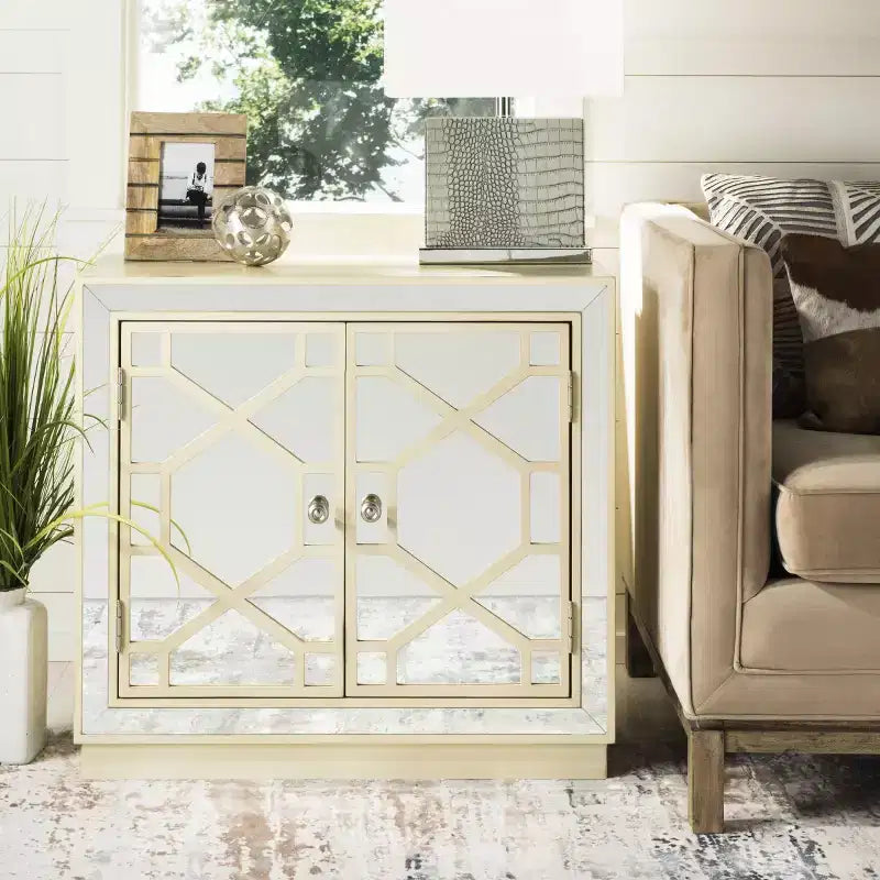 Commode 2 tiroirs, finition champagne et miroir