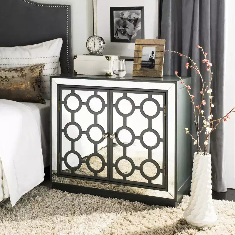 Commode 2 tiroirs, finition champagne et miroir